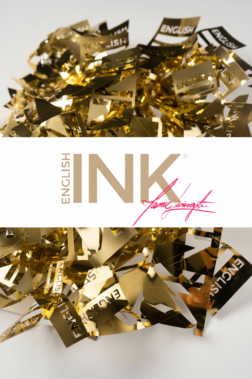 English Ink logo with white banner on gold stickers